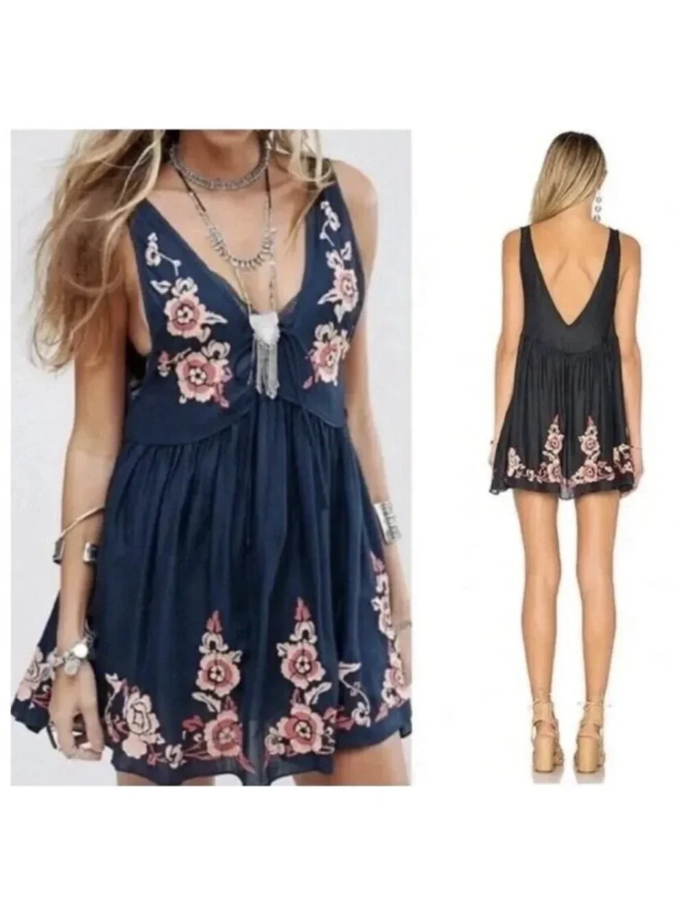 Free People Aida Slip Tank Dress Navy Blue Pink Floral Embroidered V Neck Medium